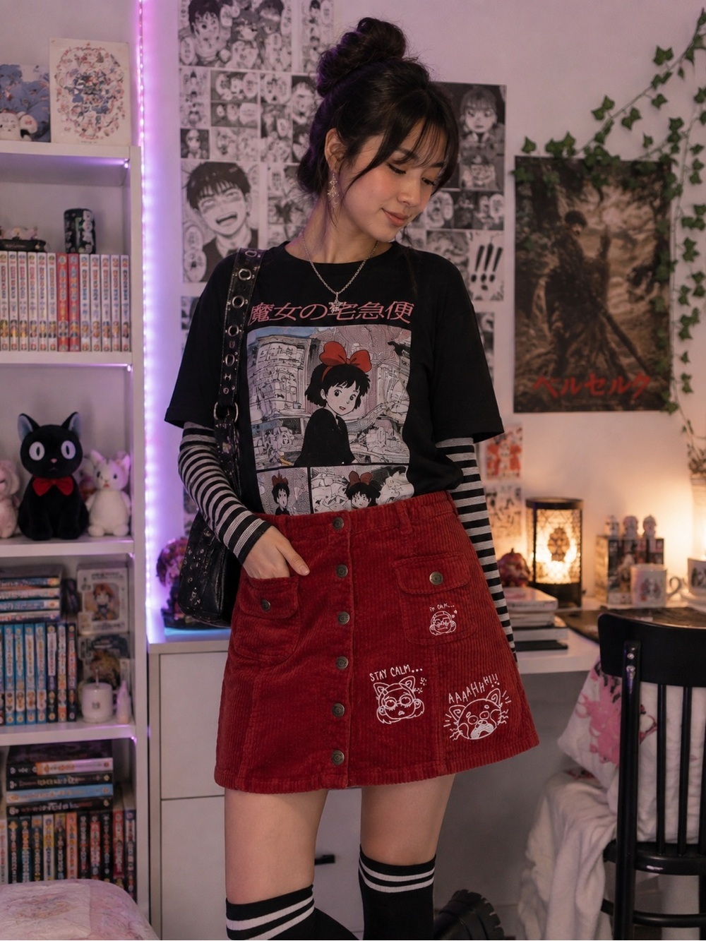 Disney Turning Red Panda Brick Red snap front mini corduroy skirt